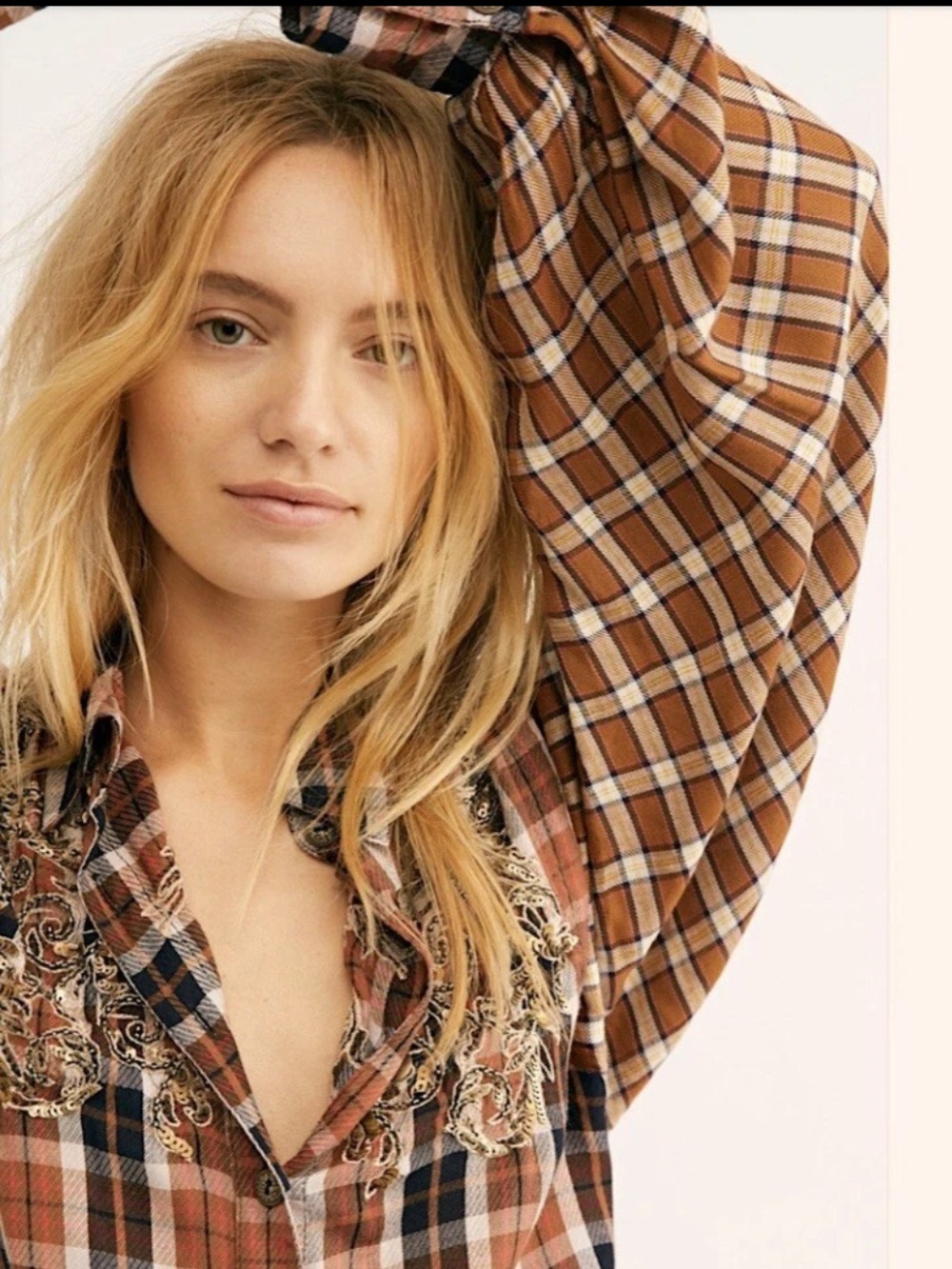 0145. Free People Snow Topped Mountains Rust Plaid Embroidered Button-Down Shirt - Picture 3 of 13